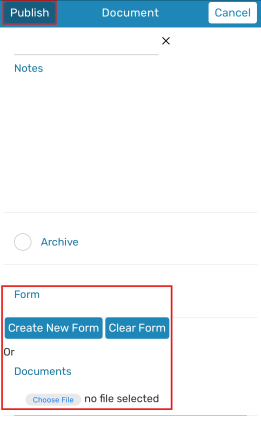 App document form with Publish and Cancel buttons and Notes field