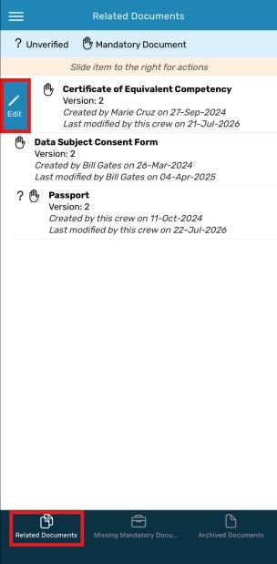 Related Documents tab in the app with the Edit action revealed by sliding a row right