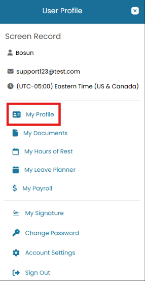 User Profile menu with My Profile highlighted