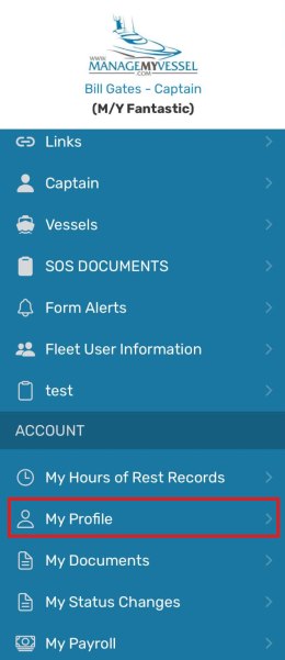 App side menu with My Profile highlighted