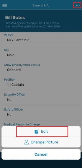 App profile screen with the three-dot menu open showing Edit and Change Picture options