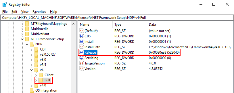 Registry Editor showing Release key with value 528040 corresponding to .NET Framework 4.8