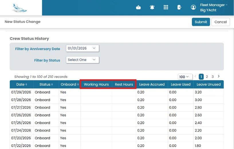 Display Work Hours and Rest Hours History in Status Change Page