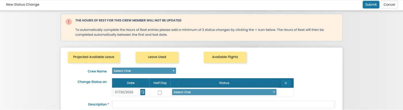 Adding Attachments for Status Change Requests in Crew Planner (before)