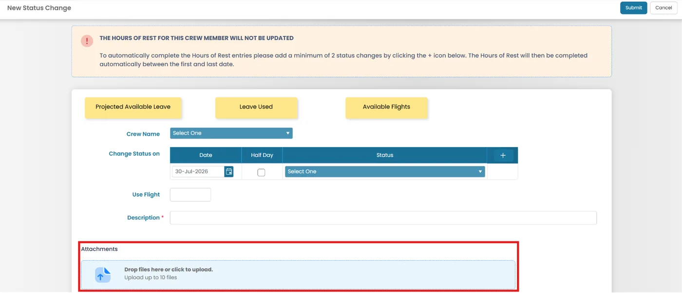 Adding Attachments for Status Change Requests in Crew Planner