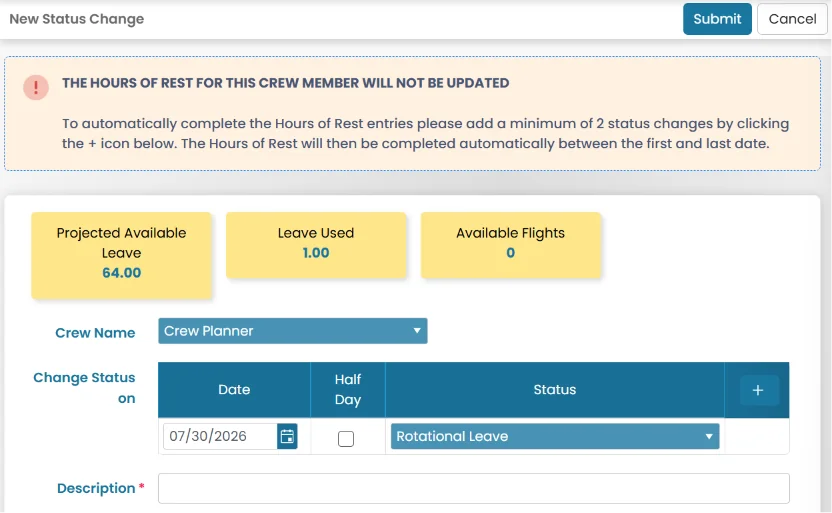 Add Flights Used Option for Single-Line Status Changes Request (before)