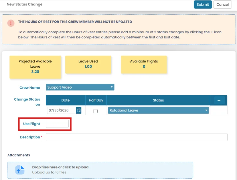 Add Flights Used Option for Single-Line Status Changes Request